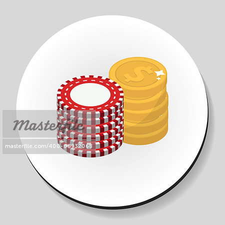 Money and chips stack sticker icon flat style. Vector illustration