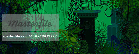 Exotic woods green wild nature background. Dense palm leaves, tree branches and mayan ruins vector.