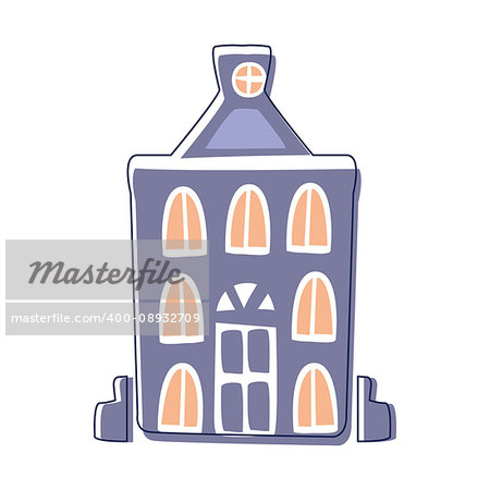 Blue Classy Building, Cute Fairy Tale City Landscape Element Outlined Cartoon Illustration. Fantasy Town Cityscape Architectural Object In Childish Design.