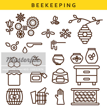 Beekeeping vector line icon set. Outline apiary isolated objects.