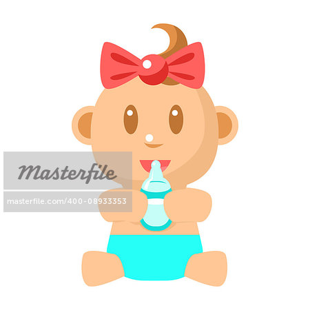 Small Happy Baby Girl Sitting Holding Milk Bottle Vector Simple Illustrations With Cute Infant. Part Of Infancy Series Of Isolated Flat Icons With Smiling Kids And Their Activities.