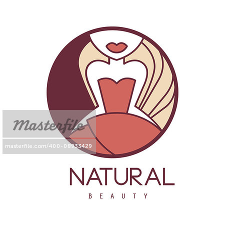 Natural Beauty Salon Hand Drawn Cartoon Outlined Sign Design Template With Girl In Red Dress Below Eyes In Round Frame. Artistic Promotion Logo For Cosmetology Services And Beautifying Procedures.