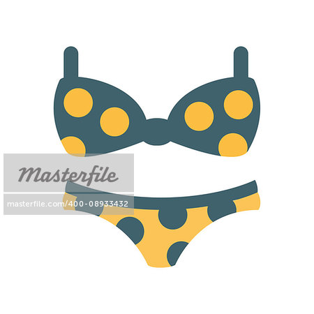 Bikini Female Swimsuit In Blue And Yellow With Polka-Dotted Pattern, Part Of Summer Beach Vacation Series Of Illustrations. Seaside Holidays Related Infographic Icon In Primitive Vector Carton Style.