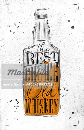 Poster bottle whiskey lettering the best choice old whiskey drawing on dirty paper background