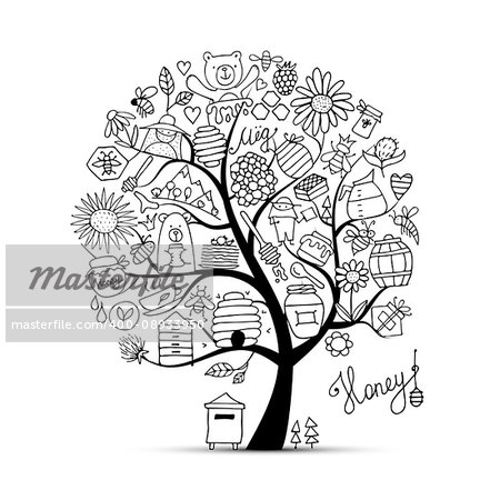 Honey apiary, art tree. Sketch for your design. Vector illustration