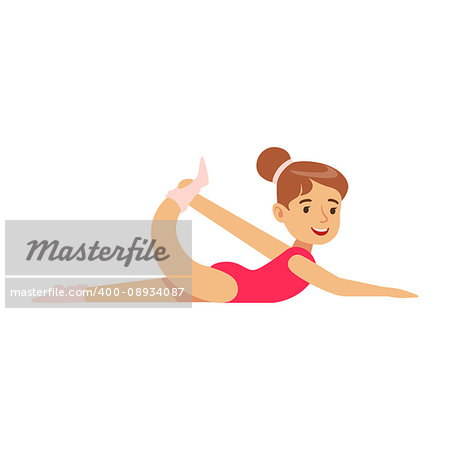 Little Girl In Red Leotard Doing Gymnastics Stretching Exercise In Class, Future Sports Professional. Small Happy Kid And Adorable Stage Performance Vector Illustration.