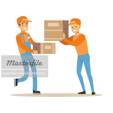 Delivery Service Workers Helping Each Other With Boxes, Smiling Courier Delivering Packages Illustration. Vector Cartoon Male Character In Uniform Carrying Packed Objects With A Smile.