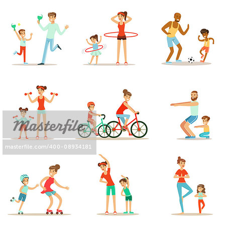 Parent And Child Doing Sportive Exercises And Sport Training Together Having Fun Set Of Scenes. Cartoon Characters Enjoying Physical Activity With Kids Doing Similar Workout In Gym And Outdoors.