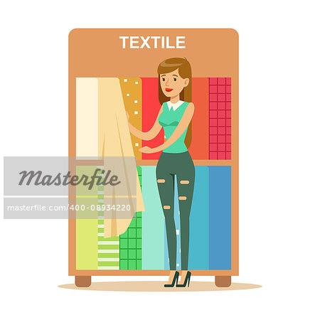 Woman Choosing Textile Drapers, Smiling Shopper In Furniture Shop Shopping For House Decor Elements. Cartoon Character Looking For Home Interior Design Items In Shopping Mall.