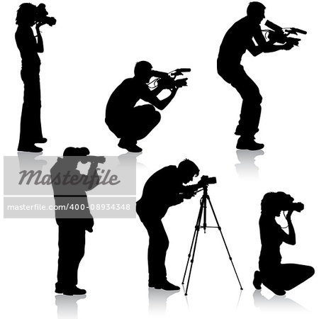 Set cameraman with video camera. Silhouettes on white background. Vector illustration.