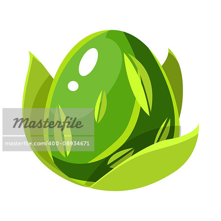 Green Nature Force Element Egg With Leaf Pattern, Fantastic Natural Element Egg-Shaped Bright Color Vector Icon. Video Game Template Item For Magic Flash Game Design Constructor Isolated Cartoon Object.