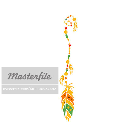 String With The Beads And Feather On The End, Native Indian Culture Inspired Boho Ethnic Style Print. Tribal American Stylized Vector Illustration For Hipster Fashion Typographic Template.