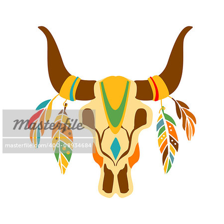 Buffalo Bull Scull Decorated With Painting And Feathers, Native Indian Culture Inspired Boho Ethnic Style Print. Tribal American Stylized Vector Illustration For Hipster Fashion Typographic Template.