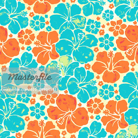 Color vector seamless pattern with flowers hibiskus. Hawaiian fancy abstract shirt art print. Ethnic hipster backdrop.