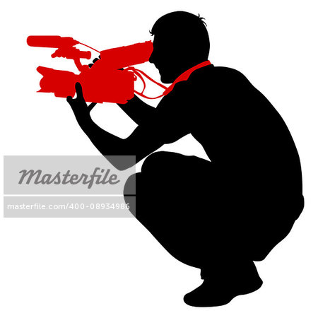 Cameraman with video camera. Silhouettes on white background. Vector illustration.