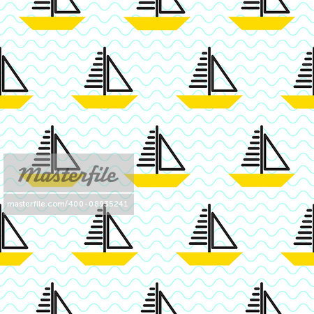 Sailing ship seamless kid vector pattern in scandinavian style. Boat and waves cute baby textile fabric surface blue and yellow background.