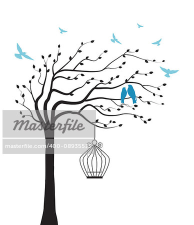 Vector illustration tree with bird and cage