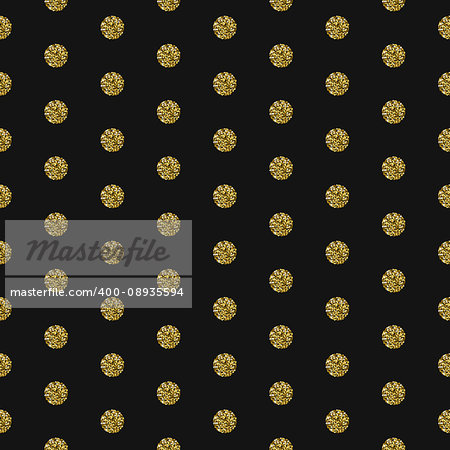 Gold foil shimmer glitter polkadot dark seamless pattern. Vector shimmer abstract circles grey texture. Sparkle shiny balls background.