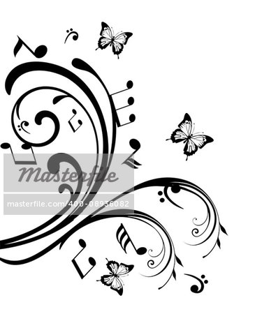 vector illustration of swirls with musical notes and butterflies