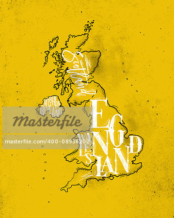Vintage united kingdom map with regions inscription scotland, northern ireland, england, wales drawing on yellow background