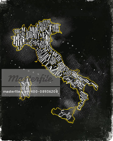 Vintage italy map with regions inscription sardinia, sicily, lazio, tuscany, liguria, marche, abruzzo, calabria, puglia, veneto, trentino lombardy marche drawing with chalk and yellow on chalkboard