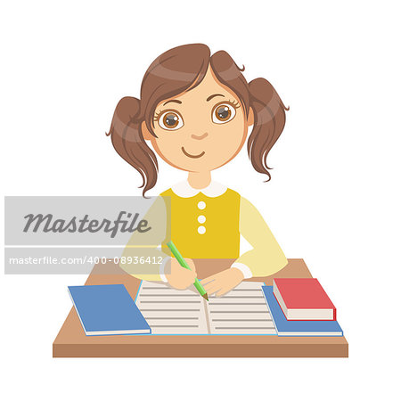 Cute little girl writing at school, education and back to school concept, a colorful character isolated on a white background