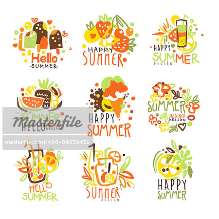 Happy Summer Vacation Sunny Colorful Graphic Design Template Logo Series, Hand Drawn Vector Stencils. Artistic Promo Posters With Funky Font And Fun Design Elements.