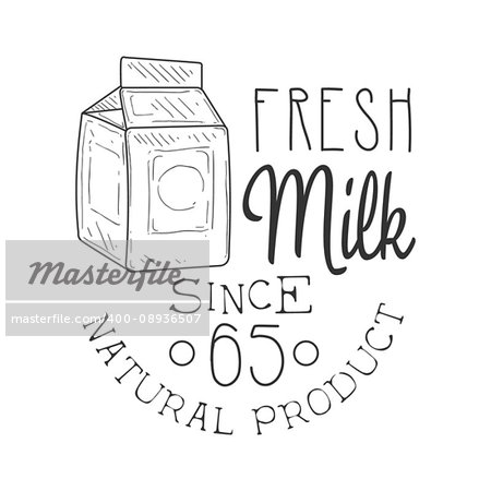 Natural Fresh Milk Product Promo Sign In Sketch Style With Carton Box, Design Label Black And White Template. Monochrome Hand Drawn Promotional Farm Product Poster Print Vector Illustration.