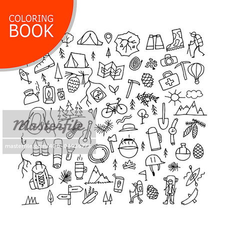 Mountain tourism set, coloring page design. Vector illustration