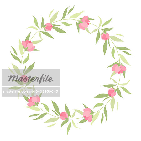 Vector illustrations floral circle with leaves and pink flowers