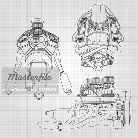 A set of several types of powerful car engine. The engine is drawn with black lines on a white sheet in a cage.