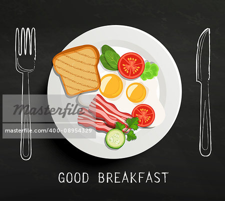 Good Breakfast lettering , fork and knife on textured blackboard background. A plate of eggs, bacon and vegetables. Vector design for breakfast menu, cafe, restaurant.