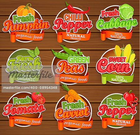 Fresh tomato and pumpkin, pepper, peas, cabbage, carrot, sweet corn, logo lettering typography food label or sticker. Concept for farmers market, organic food, natural product design.Vector.