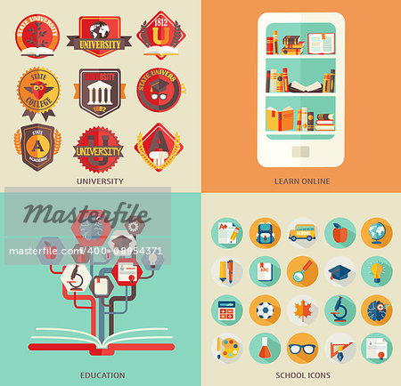 Set the flat elements and icons school and science, university and library , training.