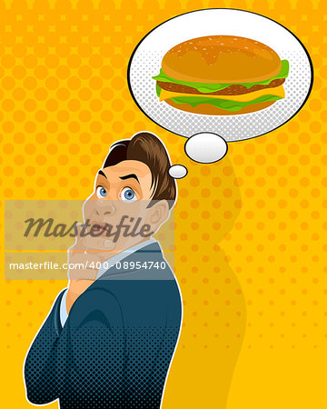Vector illustration of a businessman thinking about hamburger
