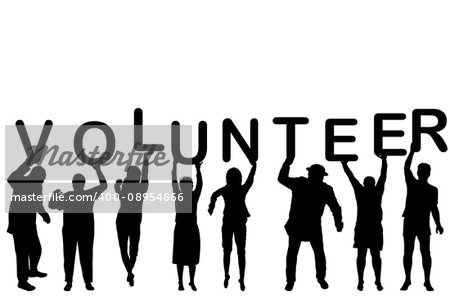 Volunteer concept with people silhouettes holding letters with word VOLUNTEER
