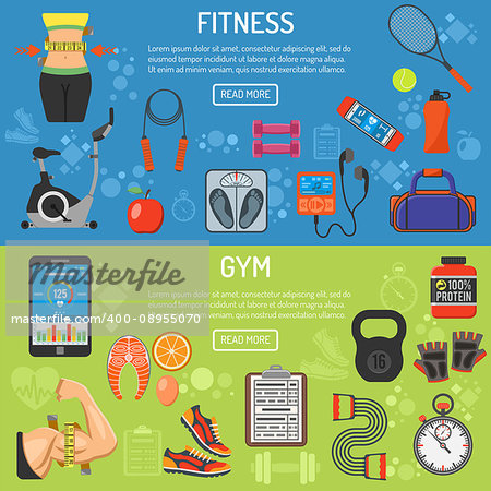 Fitness, Gym, Cardio, Healthy Lifestyle horizontal banners with flat icons Exercise Bike, waist, biceps and scales, vector illustration