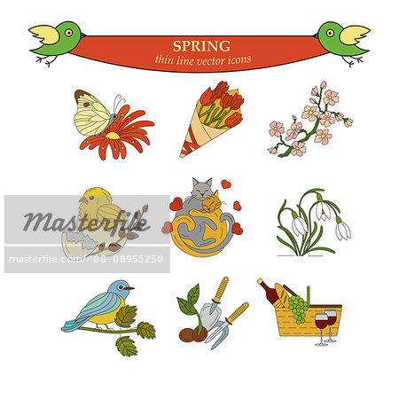 Spring thin line colored vector icons. Springtime logo for your design.