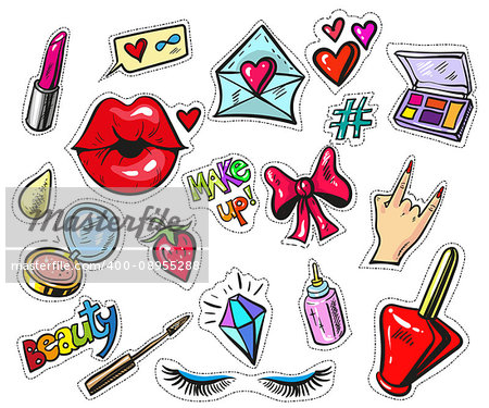Fashion patch badges with lips and make up elements