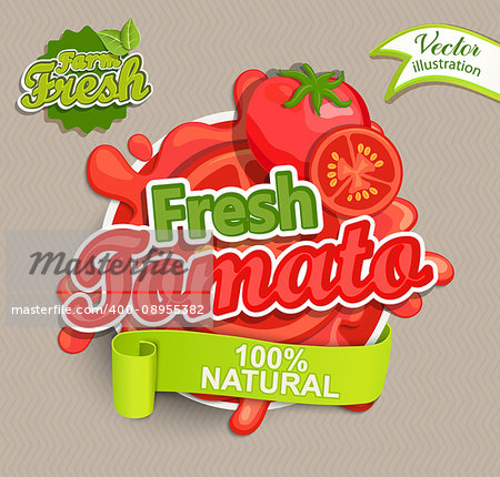 Fresh tomato logo lettering typography food label or sticker. Concept for farmers market, organic food, natural product design.Vector illustration.