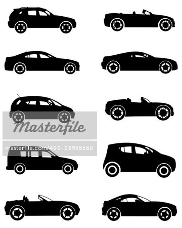 Vector illustration of a ten cars silhouettes