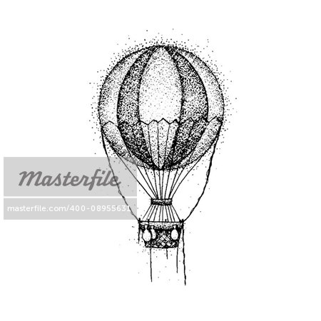 Dotwork Hot Air Balloon. Vector Illustration of T-shirt Design. Travel Tattoo Hand Drawn Sketch.