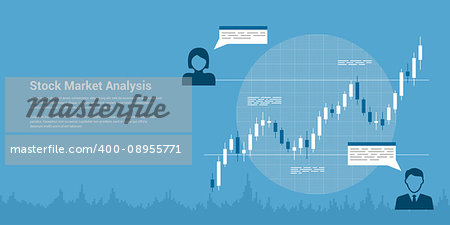 picture of candlestick graph with icons of people, flat style banner, stock market analysis, forex trading, business analytics, investmen concept