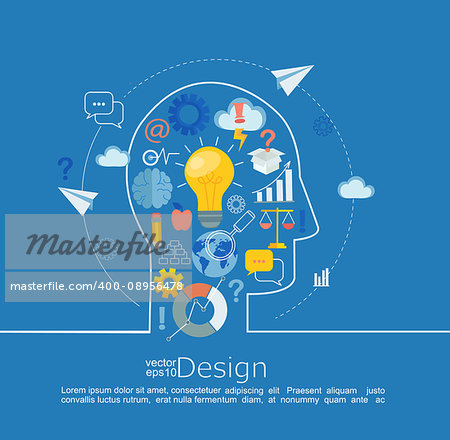 Concept of big ideas inspiration innovation, invention, effective thinking, text. Infographic in line style with flat set business icon, vector illustration.