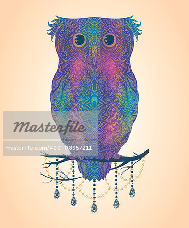 Colorful hand drawn Owl sitting on branch. Zentangle art. Detailed ethnic patterned illustration for tattoo, poster, print, t-shirt. Vector Illustration