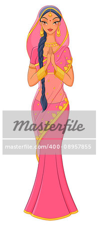 Beautiful indian girl in pink traditional saree. Vector illustration isolated on white background.