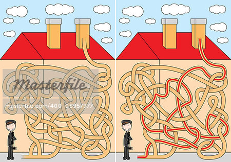Chimney sweeper maze for kids with a solution