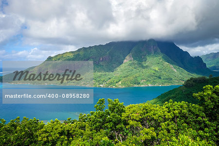 Aerial view of Opunohu Bay and lagoon in Moorea Island. French Polynesia