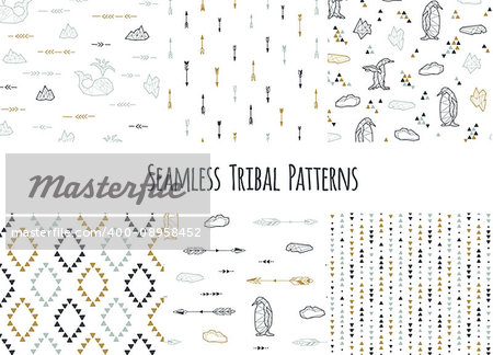 Set of navajo tribal patterns with low poly penguins. Vector illustration.