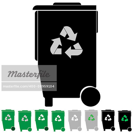 Black and green refuse bin or debris utilization it is set icons.